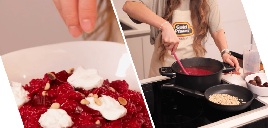 Cremiges Rote-Bete-Risotto mit Ziegenfrischkäse – ein gesundes und leckeres vegetarisches Hauptgericht. Perfekt für ein Wohlfühlessen. #Gundel #GundelPfanne #RoteBeteRisotto #Rezept #ItalienischeKüche #OnePot #Vegetarisch